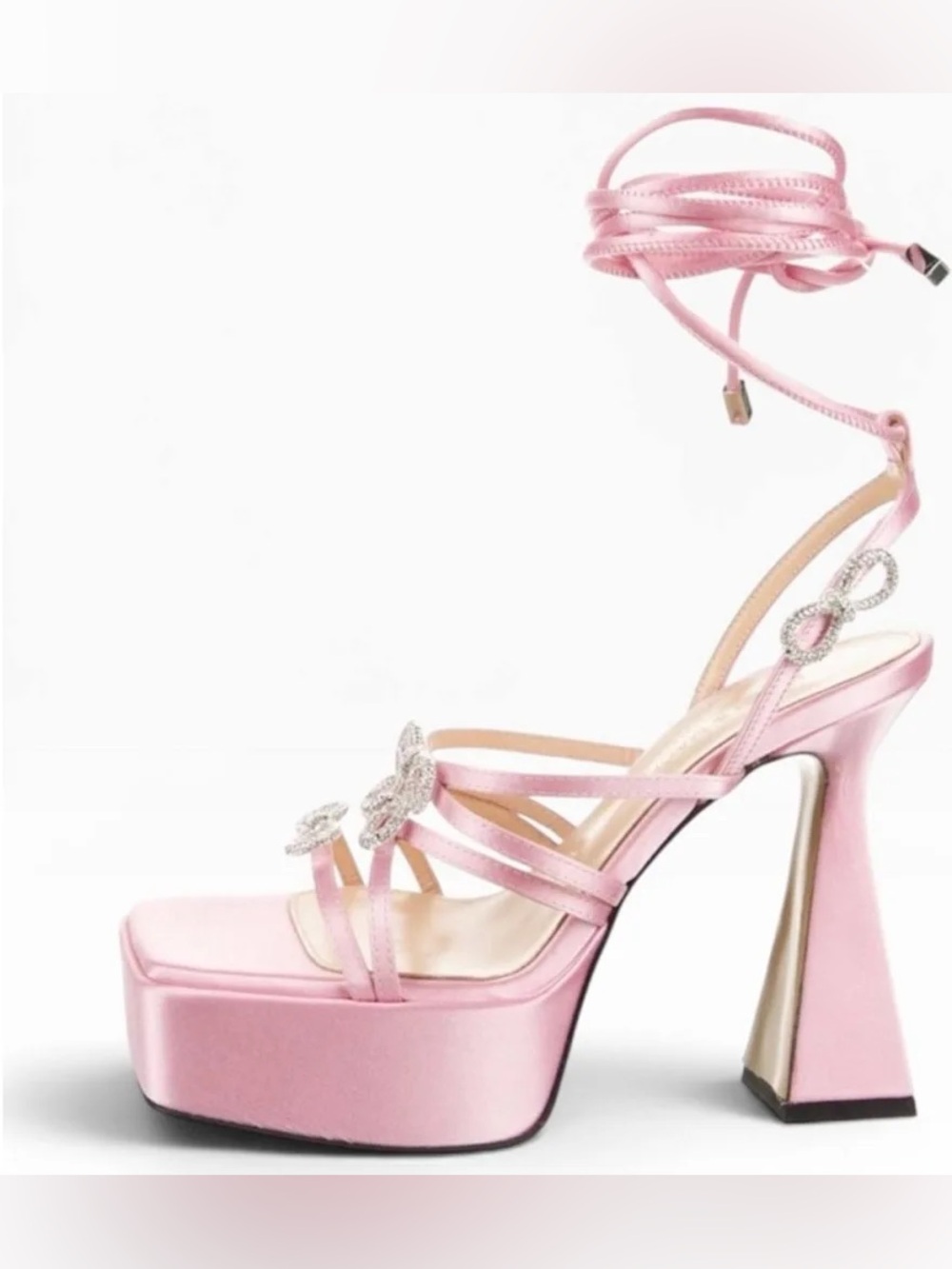 Mach & Mach Pink Satin Double Bow Crystal Embellished Platform Sandals size 38